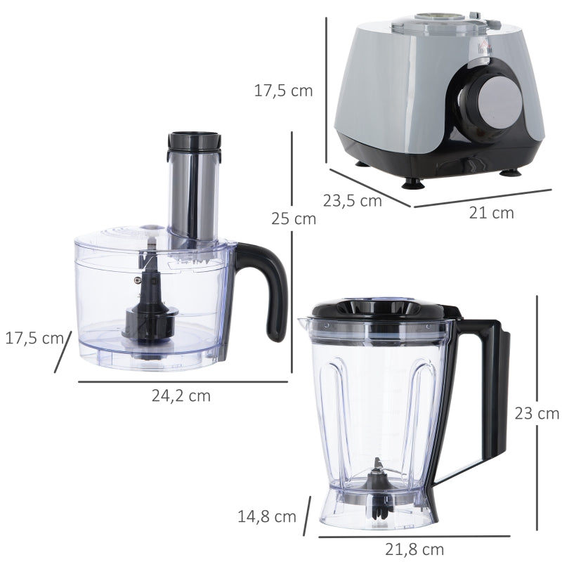 HOMCOM Processador de Alimentos 650W Taça 1L Copo 1,25L Processador de Alimentos com Ecrã LED 23,5x21x17,5cm Prata