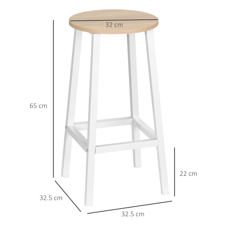 HOMCOM Conjunto de 2 Bancos Altos de Cozinha Bancos de Bar com Pés de Aço e Apoio para os Pés 32,5x32,5x65cm Madeira e Branco