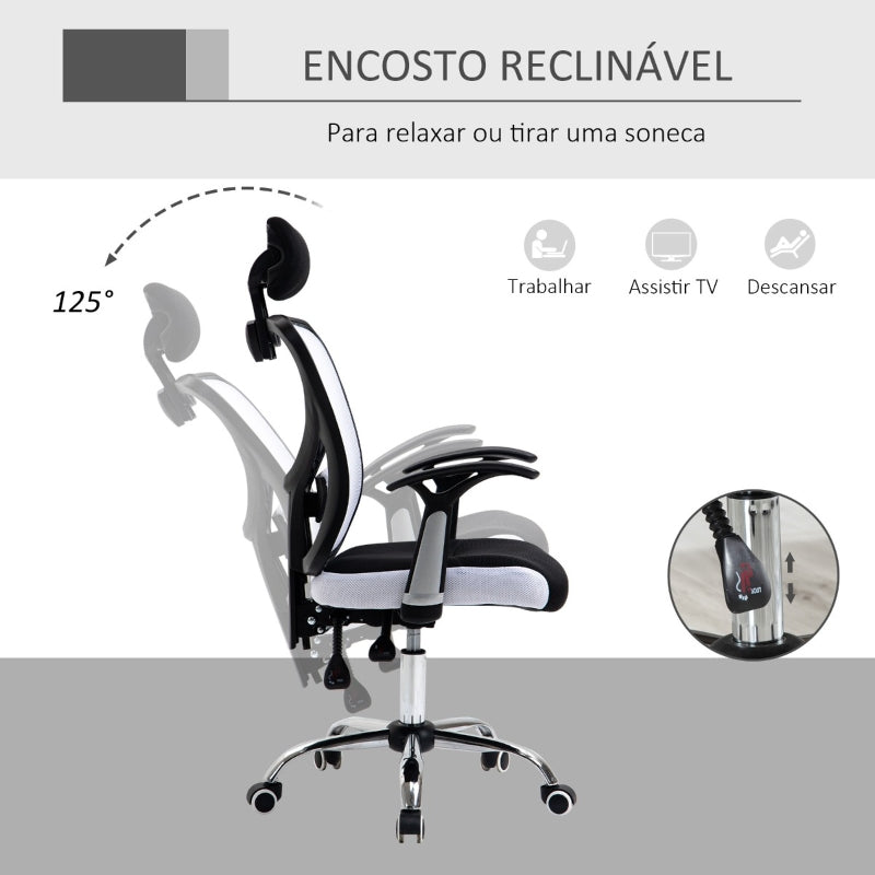 Vinsetto Cadeira de Escritório Ergonômica Cadeira de Escritório Giratória com Altura Ajustável Função Reclinável Apoio para a Cabeça e Suporte Lombar 65x67x108-118cm Branco