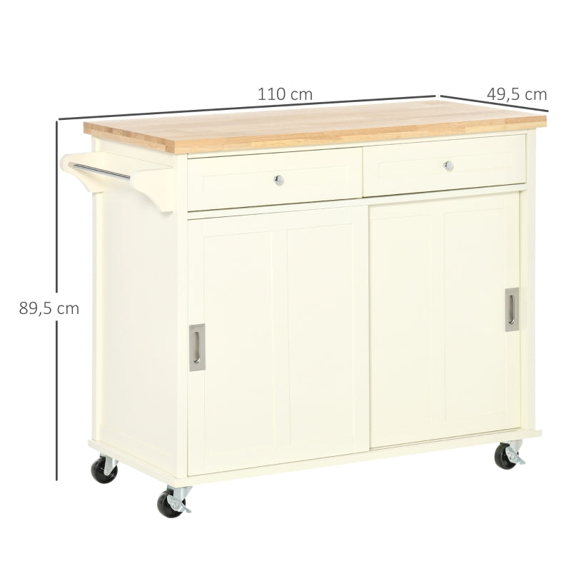 HOMCOM Ilha de Cozinha com 2 Armários Porta Corredeira 2 Gavetas e Barra para Panos Móvel Aparador com Rodas para Sala de Jantar 110x49,5x89,5cm Creme