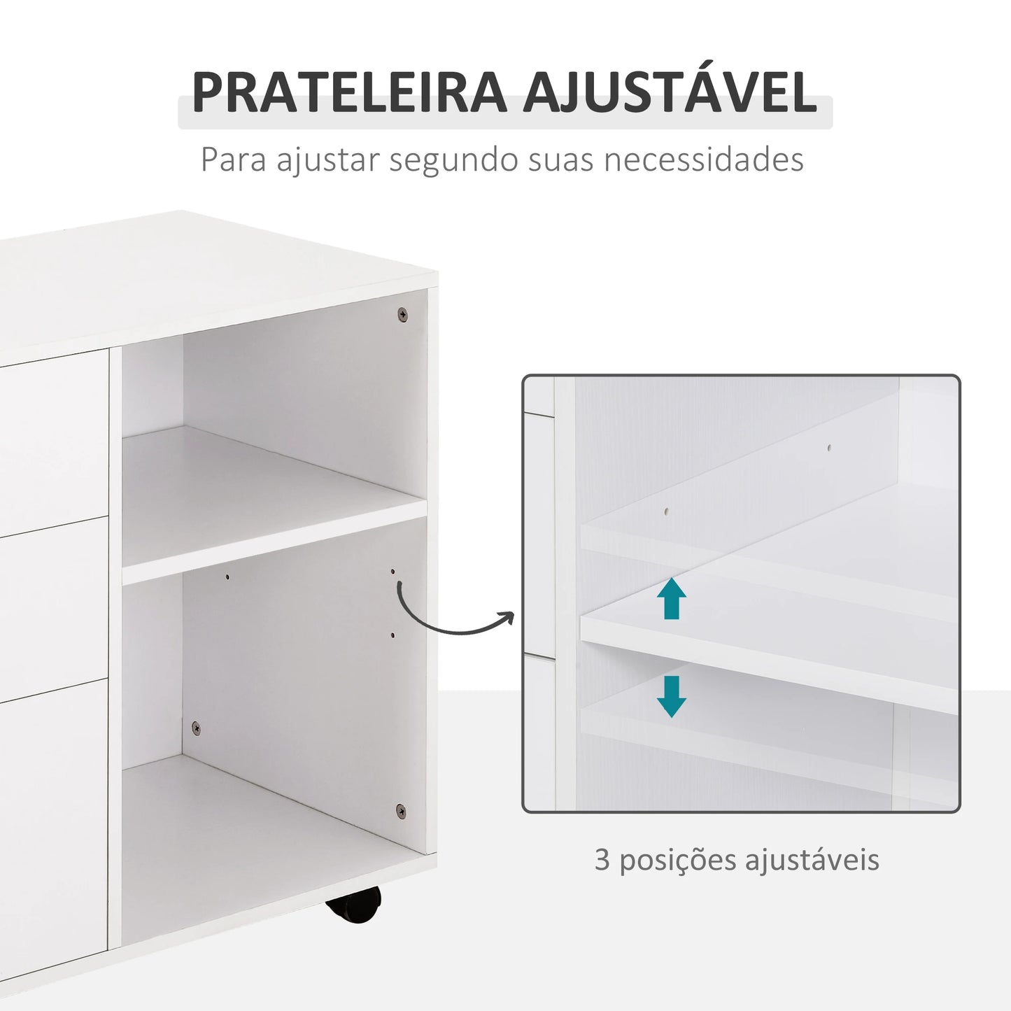 HOMCOM Armário de Escritório para Impressora Multifuncional com 3 Gavetas Prateleira Ajustável e Rodas 80x40x65cm Branco