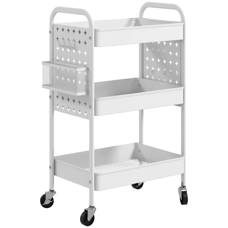 HOMCOM Carrinho Auxiliar com Rodas de Aço com 3 Bandejas 2 Cestos e 6 Ganchos para Cozinha Casa de Banho 53,5x30,5x75 cm Branco