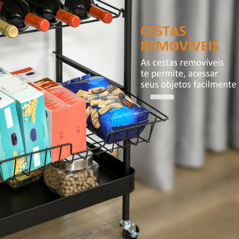 HOMCOM Carrinho de Cozinha com Rodas Carrinho de Cozinha Multiuso com Suporte para Garrafas Cesta Removível e 4 Ganchos para Sala de Jantar Sala de Estar 60,5x35,5x75cm Preto e Carvalho