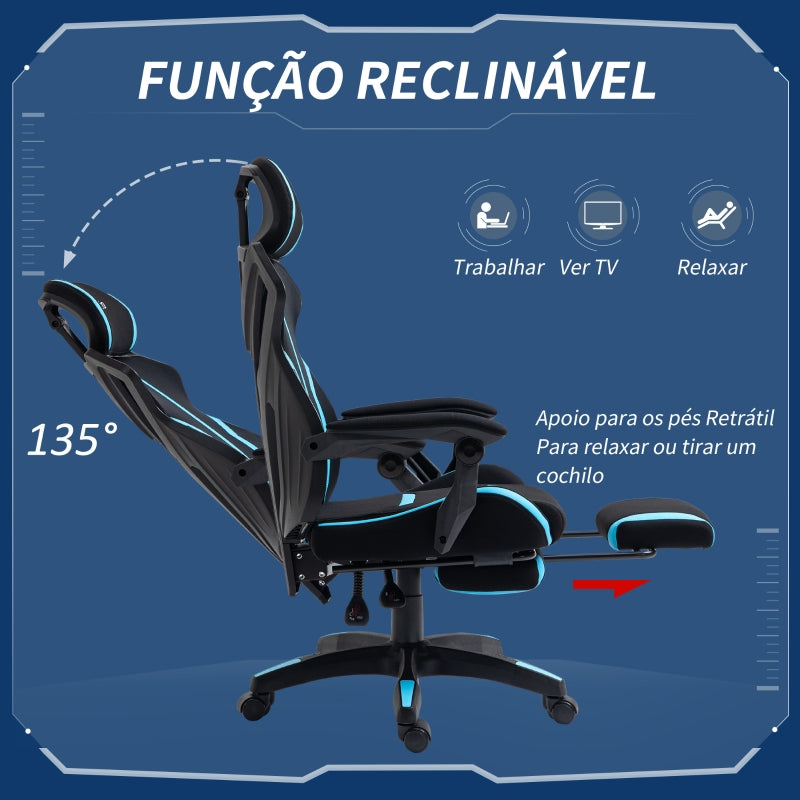 Vinsetto Cadeira de Gaming com Apoio para os Pés Retrátil Cadeira de Escritório Reclinável com Apoio para a Cabeça e Altura Ajustável 65x65x119-129cm Preto e Azul