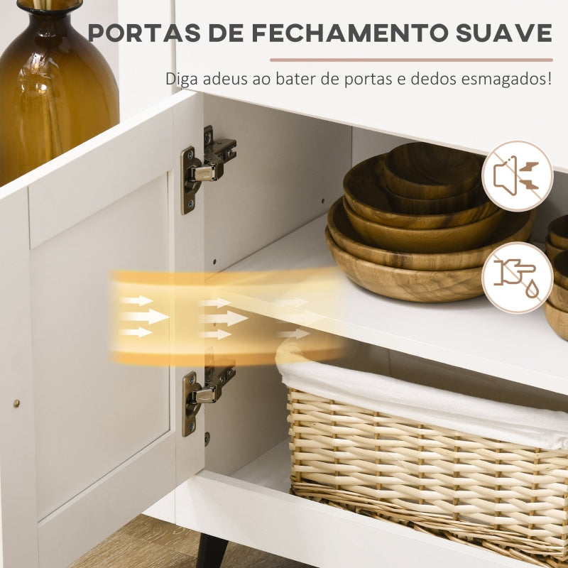 HOMCOM Aparador Móvel Auxiliar de Cozinha com 2 Gavetas 3 Portas e Prateleira Ajustável Móvel de TV de até 50 Polegadas 117x35x80 cm Branco e Madeira