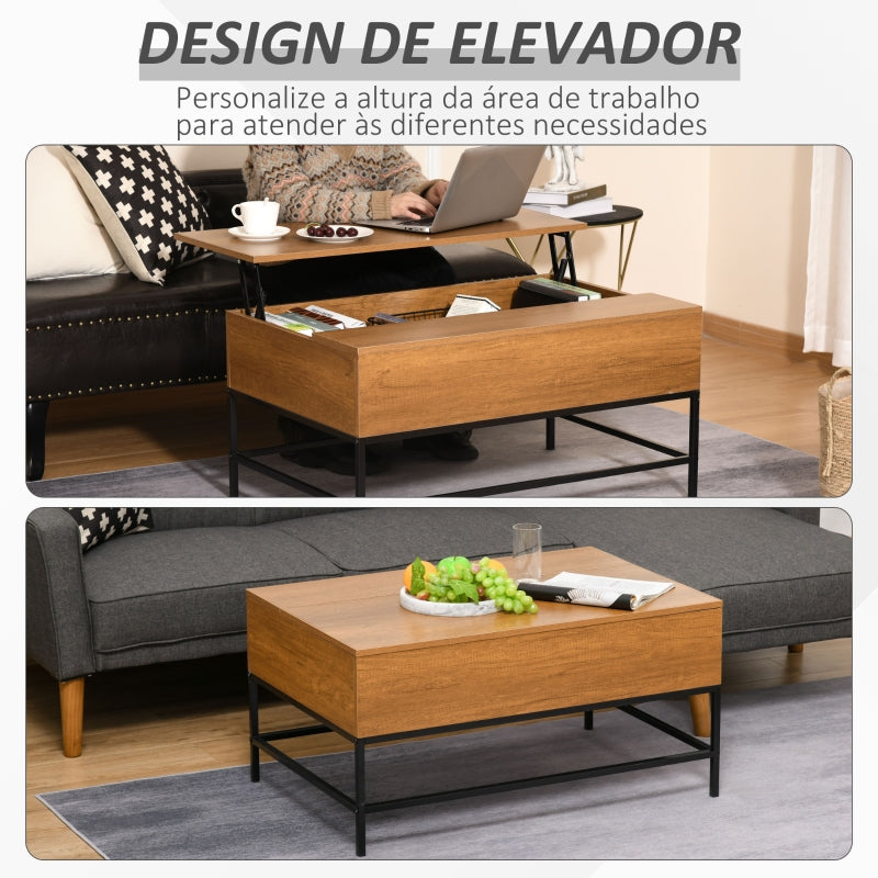 HOMCOM Mesa de Centro Elevável Mesa de Café Versátil com Armazenamento Oculto Pés de Metal para Sala de Estar Sala de Jantar 90x60,5x45,5cm Teca