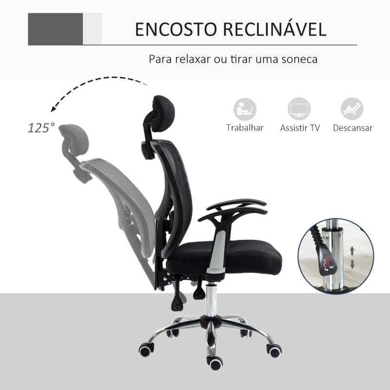 Vinsetto Cadeira de Escritório Ergonômica Cadeira de Escritório Giratória com Altura Ajustável Função Reclinável Apoio para a Cabeça e Suporte Lombar 65x67x108-118cm Preto