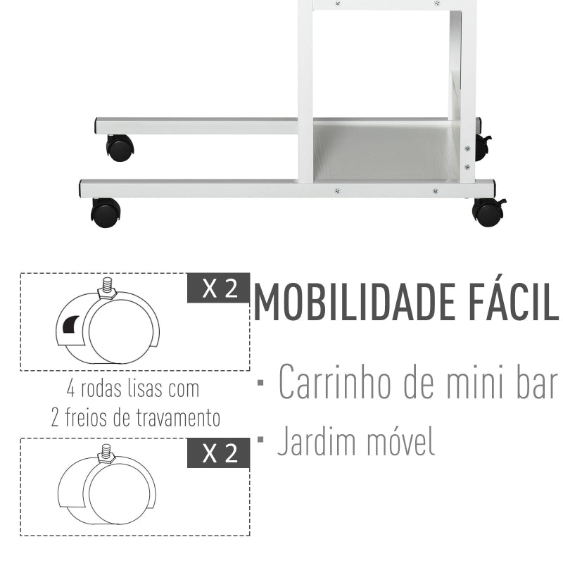 HOMCOM Mesa Lateral para Sofá Mesa lateral em Forma de C com 4 rodas Giratórias Freios Altura Ajustável 3 níveis Estrutura Metálica 80x40x72-82cm Branco