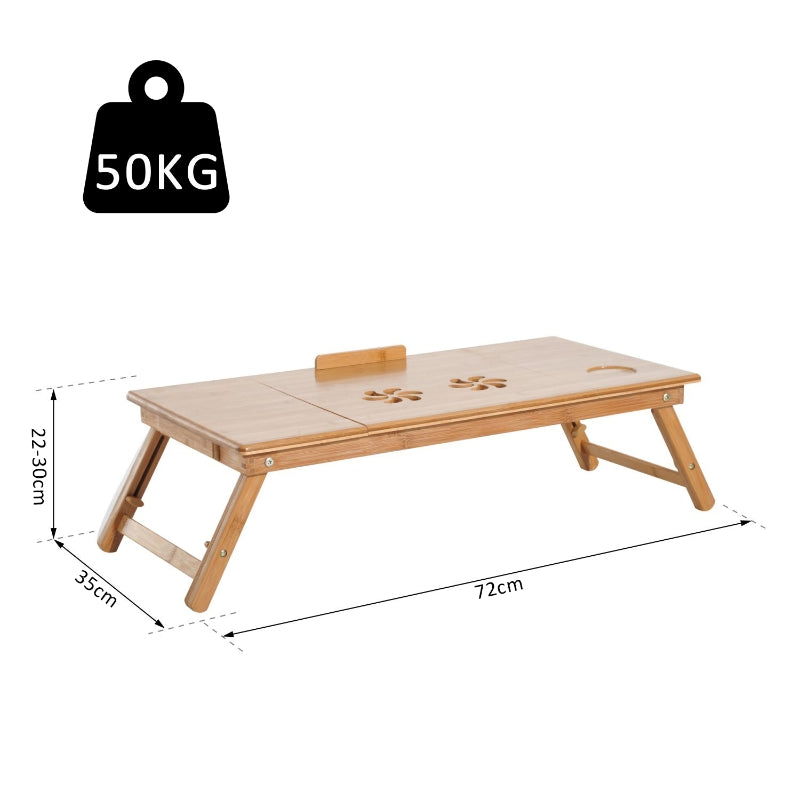 HOMCOM Mesa de Computador Portátil de Bambu Dobrável Reclinável e Altura Ajustável Mesa Auxiliar com1 Gaveta 72x35x22-30 cm Madeira