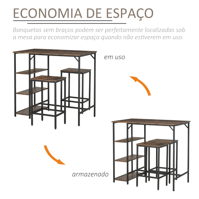 HOMCOM Conjunto de mesa de bar e 2 bancos com apoio para os pés e prateleiras de 3 níveis 109x60x100 cm marrom rústico