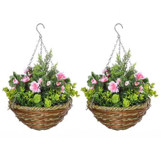 Outsunny Conjunto de 2 Plantas Lisianthus Suspensas Artificiais para Interior e Exterior com Vaso e Vime e Correia Ø25x34 cm Rosa e Verde