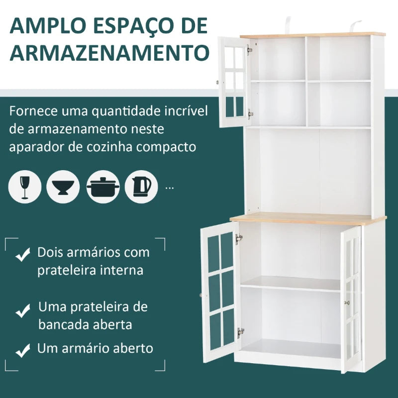 HOMCOM Armário de Cozinha com Prateleiras e Portas de Vidro para Pequenos Eletrodomésticos e Louças 80x37x183cm Branco