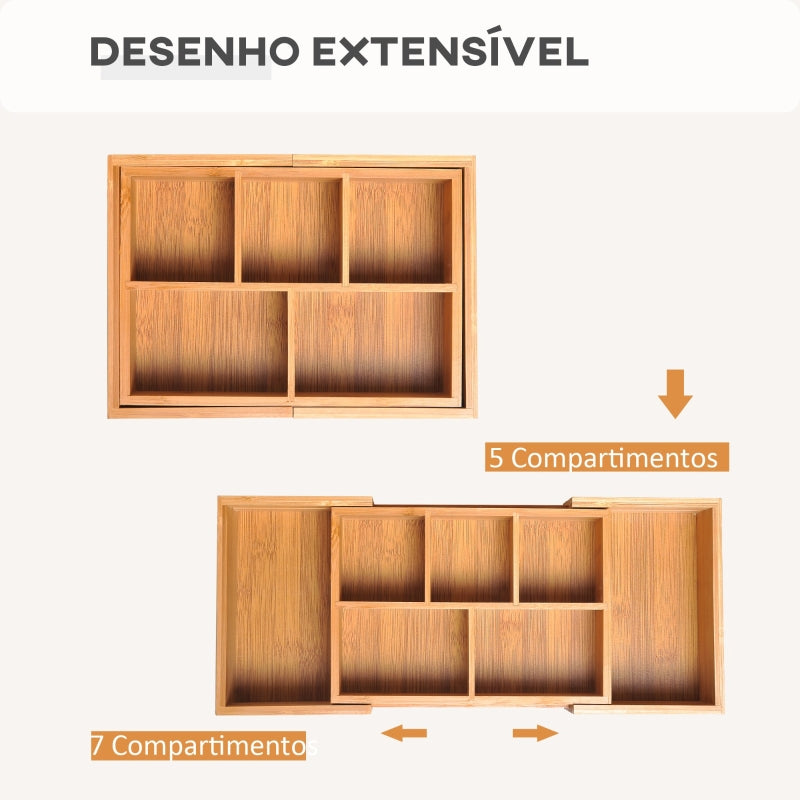 HOMCOM Organizador de Escritório de Bambu Caixa de Armazenamento Extensível com 5-7 Compartimentos 24,6-41x17,6x7 cm Madeira