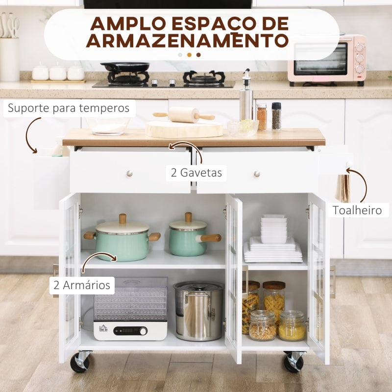 HOMCOM Ilha de Cozinha com Rodas 2 Gavetas 3 Portas de Vidro Suporte para Panos e Temperos 124,5x39,5x90 cm Branco e Madeira