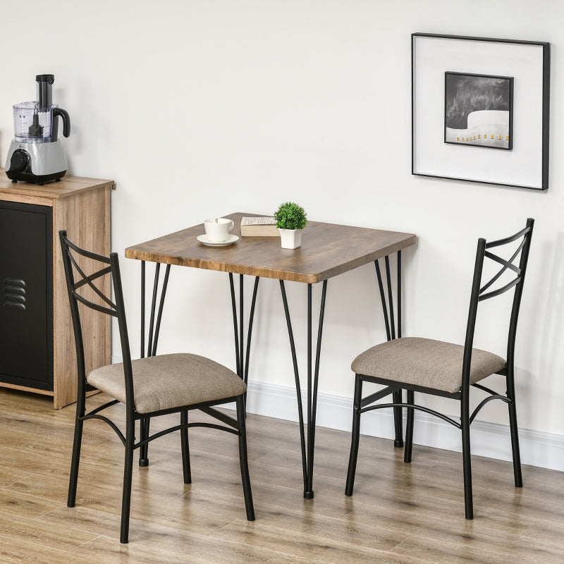 HOMCOM Conjunto de Sala de Jantar 3 Peças Conjunto 1 Mesa 74x74x76cm e 2 Cadeiras 42x50x91,5cm com Pés de Aço Estilo Moderno para Cozinha Marrom e Preto