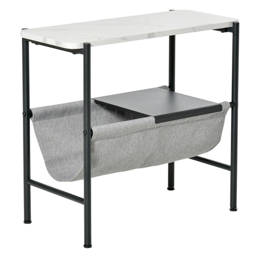 HOMCOM Mesa de Apoio com Bolso de Lona e Prateleira Removível Bancada Imitação Mármore 60x28x53cm Branco Cinza e Preto