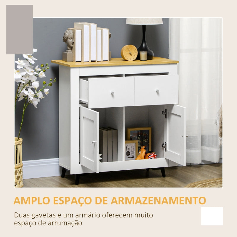 HOMCOM Aparador de Cozinha Móvel Auxiliar de Sala de Estar Moderno com Portas Dupla e 2 Gavetas 78x35x80 cm Branco e Madeira