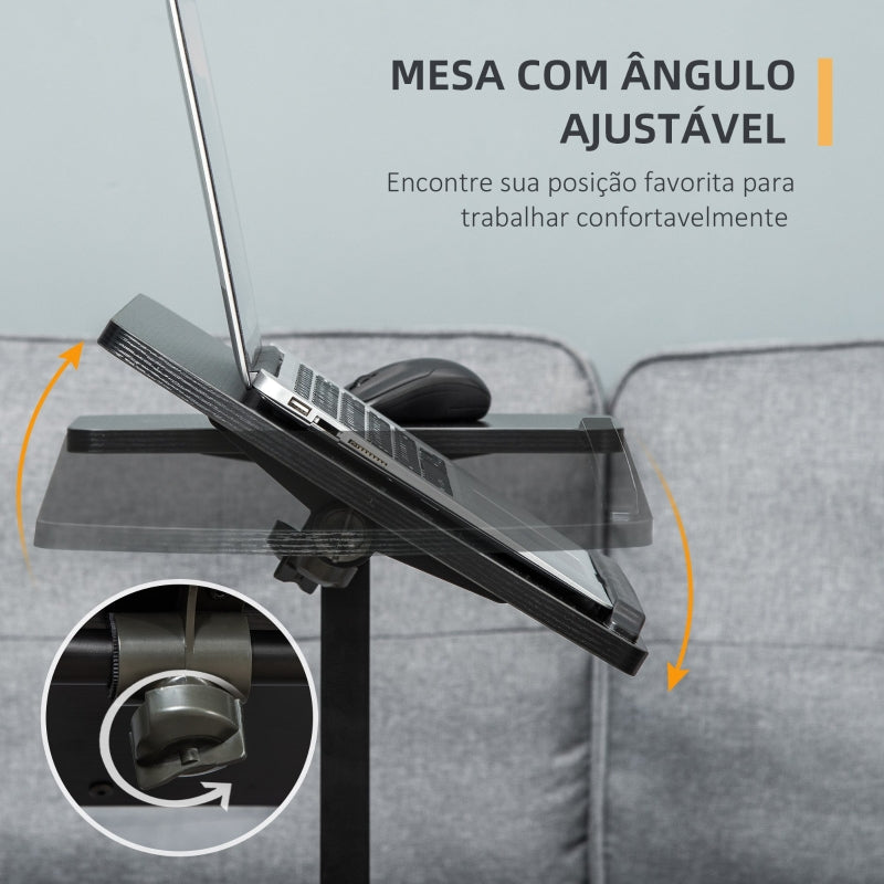 HOMCOM Mesa Auxiliar com Rodas Mesa Lateral para Sofá ou Cama com Altura e Ângulo da Bancada Ajustável e Freios para Dormitório Sala de Estar Escritório 58x34x72-90cm Preto