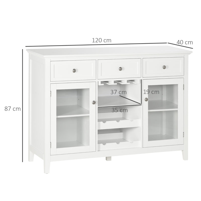 HOMCOM Aparador de Cozinha com 2 Portas de Vidro Suporte para 6 Garrafas e Suporte para 15 Taças Móvel Buffet 120x40x87cm Branco