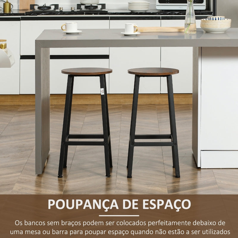 HOMCOM Conjunto de 2 Bancos Altos de Cozinha Bancos de Bar com Pés de Aço e Apoio para os Pés 32,5x32,5x65 cm Madeira e Preto