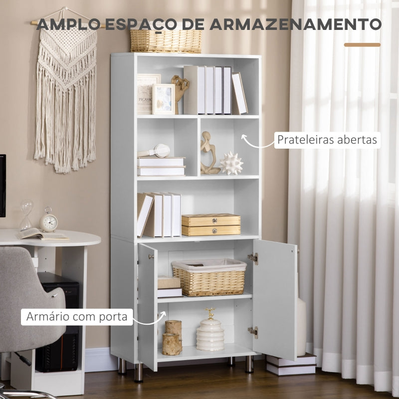 HOMCOM Estante Armário com 2 Portas e Armazenamentos Abertos para Sala de Estar Estúdio Escritório 70x29,5x167cm Branco