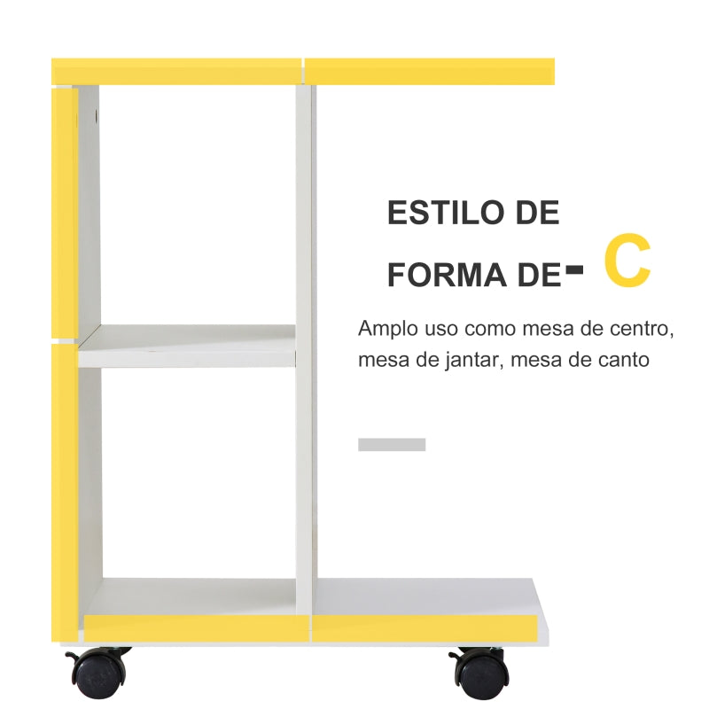 HOMCOM Mesa de Apoio para Sofá em forma de C com prateleiras e rodas para sala de estar e quarto 45x35x58 cm Branco