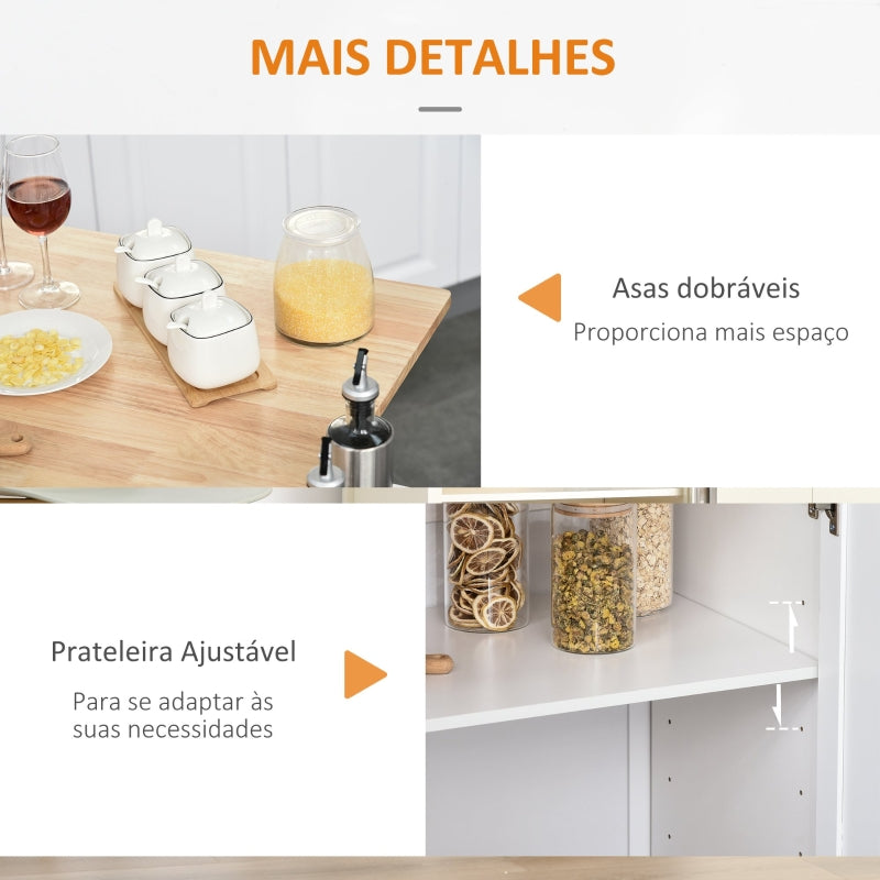 HOMCOM Ilha de Cozinha com Rodas ilha de Cozinha com Bancada Rebatível 3 Gavetas 1 Armário com Prateleira Interior Ajustável e Suporte para Temperos 128,8x75,5x92,5cm Branco e Natural