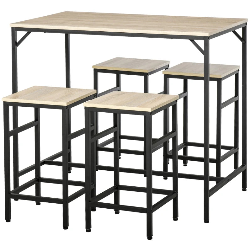 HOMCOM Conjunto de Mesa de Bar com 4 Bancos com Apoio para os Pés Conjunto de Móveis de 5 Peças Mesa de 100x60x88cm e Bancos de 32x32x57cm para Sala de Jantar Cozinha Preto e Carvalho