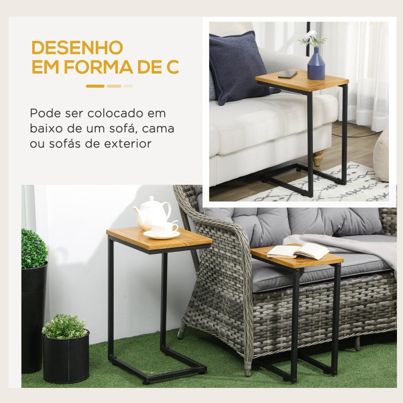 Outsunny Conjunto de 2 Mesas Auxiliares em Forma de C com Estrutura de Metal e Bancada de Madeira 40x30x60 cm e 35x24,5x52 cm Madeira e Preto