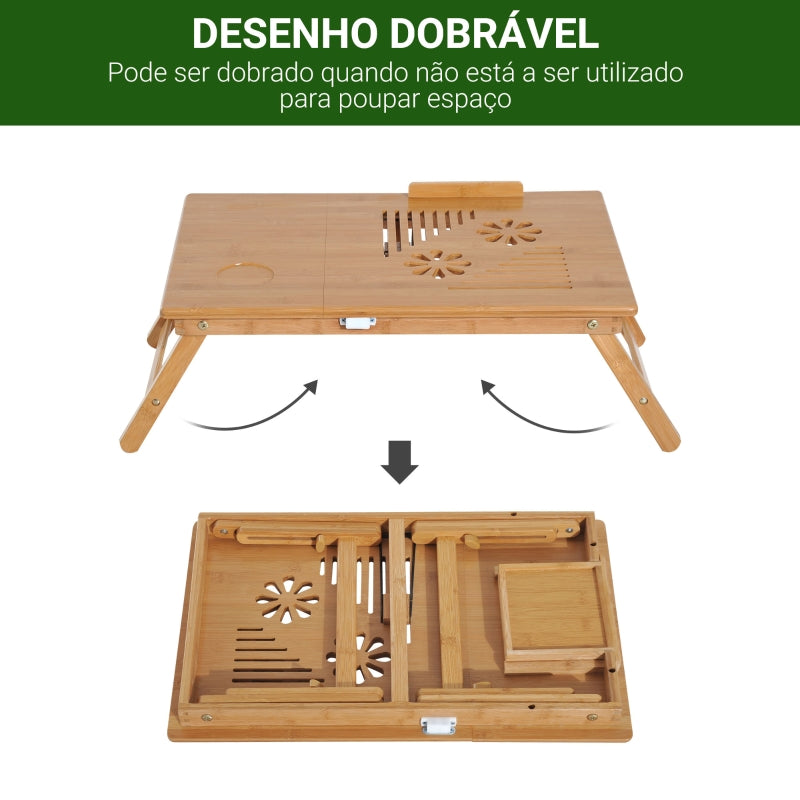 HOMCOM Mesa de Computador Portátil Bambu Dobrável Reclinado Altura ajustável Suporte Mesa de volta 1 Gaveta 55x35x22-30cm