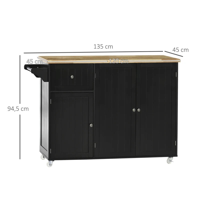 HOMCOM Ilha de Cozinha com Rodas Carrinho de Cozinha com Gaveta 3 Portas e Prateleira Ajustável 135x45x94,5cm Preto e Madeira