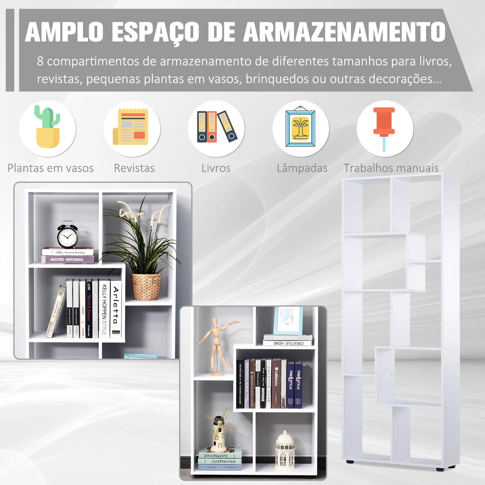 HOMCOM Estante Vertical Multifuncional com 8 Prateleiras Largas 70x24x178cm Branco