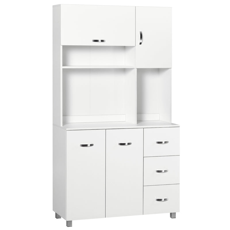 HOMCOM Armário de Cozinha Armário Alto com 3 Gavetas 4 Portas Prateleiras Interiores Ajustáveis e Pés Elevados Móvel Auxiliar para Sala de Jantar Sala de Estar 100x39,x183,5cm Branco