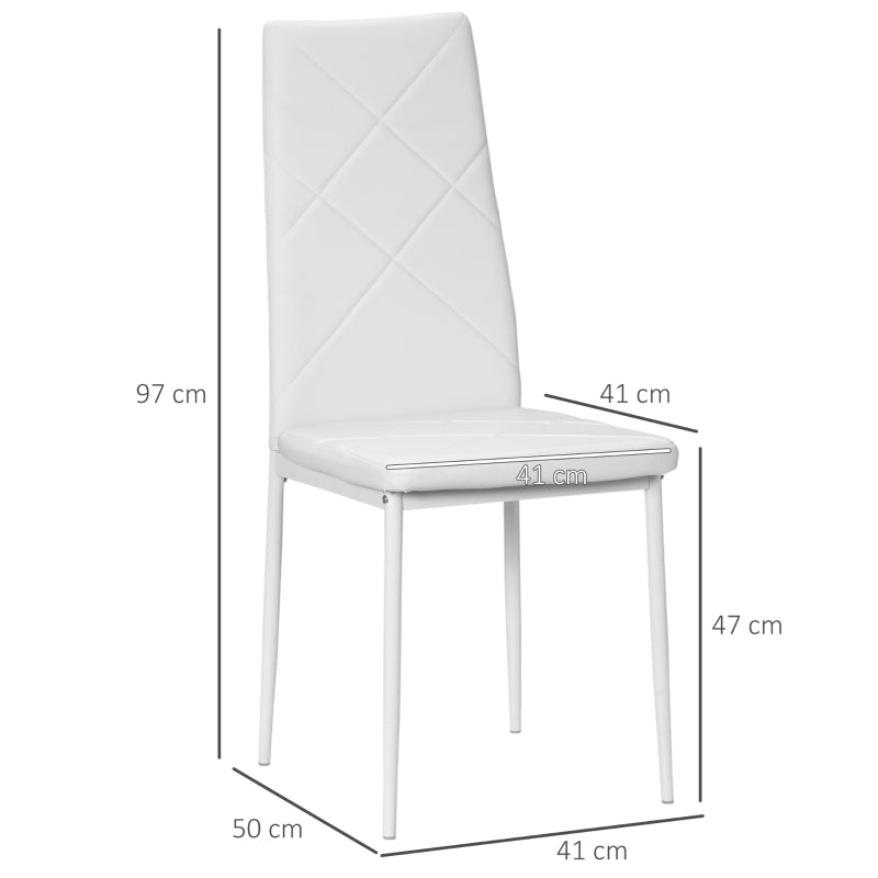 HOMCOM Conjunto de 4 Cadeiras de Sala de Jantar Estofadas em Couro Sintético com Encosto Alto e Pés de Aço 41x50x97cm Branco