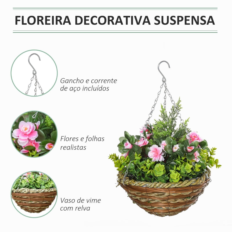 Outsunny Conjunto de 2 Plantas Lisianthus Suspensas Artificiais para Interior e Exterior com Vaso e Vime e Correia Ø25x34 cm Rosa e Verde