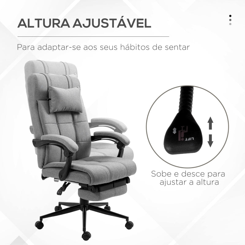 Vinsetto Cadeira de Escritório Reclinável Estofada em Tecido com Altura Ajustável e Apoio para os Pés 66x76x116-124 cm Cinza