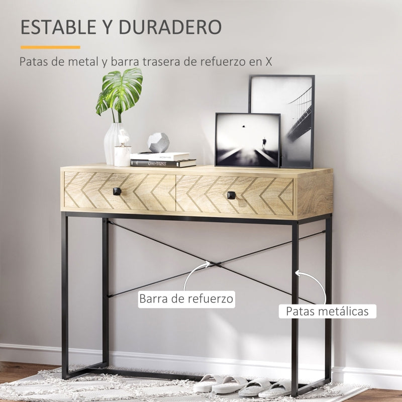 HOMCOM Mesa Consola 90x35x76cm Mesa de Entrada com 2 Gavetas de Armazenamento Decorativos e Estrutura de Metal para Entrada Corredor Sala de Estar Natural