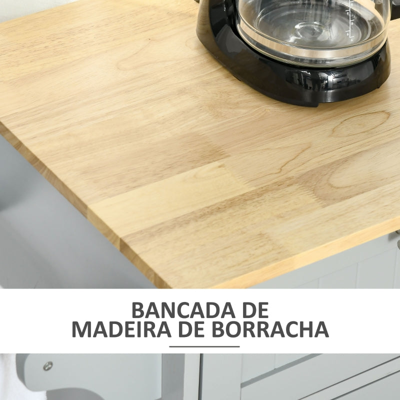 HOMCOM Carrinho de Cozinha com Rodas 2 Gavetas 3 Portas Prateleiras Ajustáveis e Barra para Sala de Jantar 121x46x91cm Cinza e Madeira