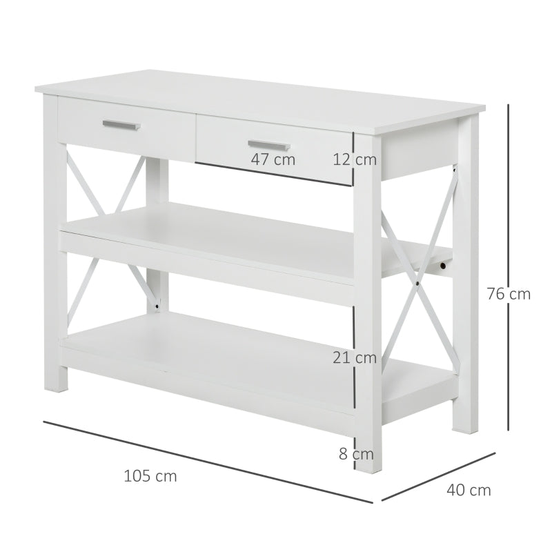 HOMCOM Mesa consola tipo aparador de estilo moderno com 2 gavetas e prateleiras inferiores 105x40x76 cm Branco