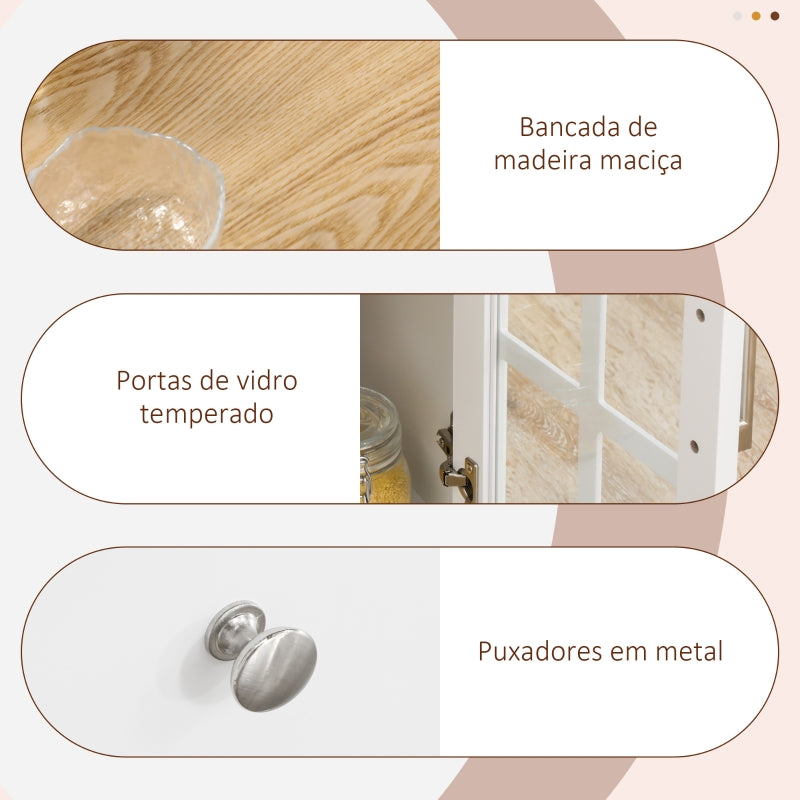 HOMCOM Ilha de Cozinha com Rodas 2 Gavetas 3 Portas de Vidro Suporte para Panos e Temperos 124,5x39,5x90 cm Branco e Madeira