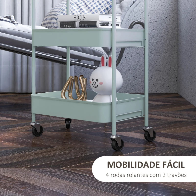 HOMCOM Carrinho Auxiliar de 3 Níveis com Rodas Carrinho de Armazenamento Deslizante para Cozinha Sala 45x30.6x79 cm Azul Claro