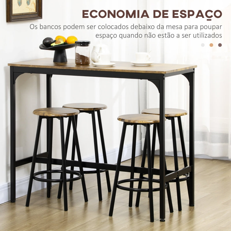 HOMCOM Conjunto de Móveis Altos de Bar com 5 Peças Mesa de Refeição Industrial e 4 Bancos Redondos Marrom Rústico e Preto