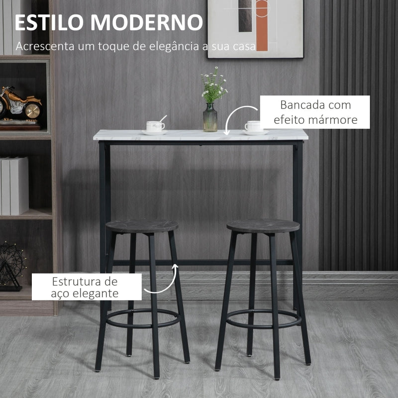 HOMCOM Conjunto de Mesa Alta com 2 Bancos Redondos com Estrutura de Aço Estilo Moderno para Cozinha Sala de Estar Branco e Preto