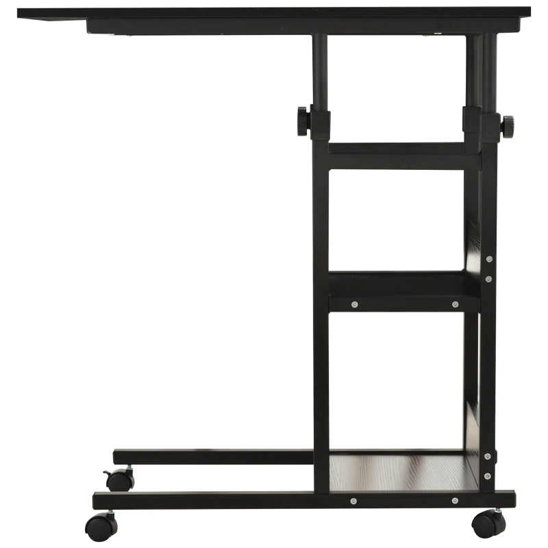 HOMCOM Mesa Lateral para Sofá Mesa lateral em Forma de C com 4 rodas Giratórias Freios Altura Ajustável 3 níveis Estrutura Metálica 80x40x72-82cm Preto