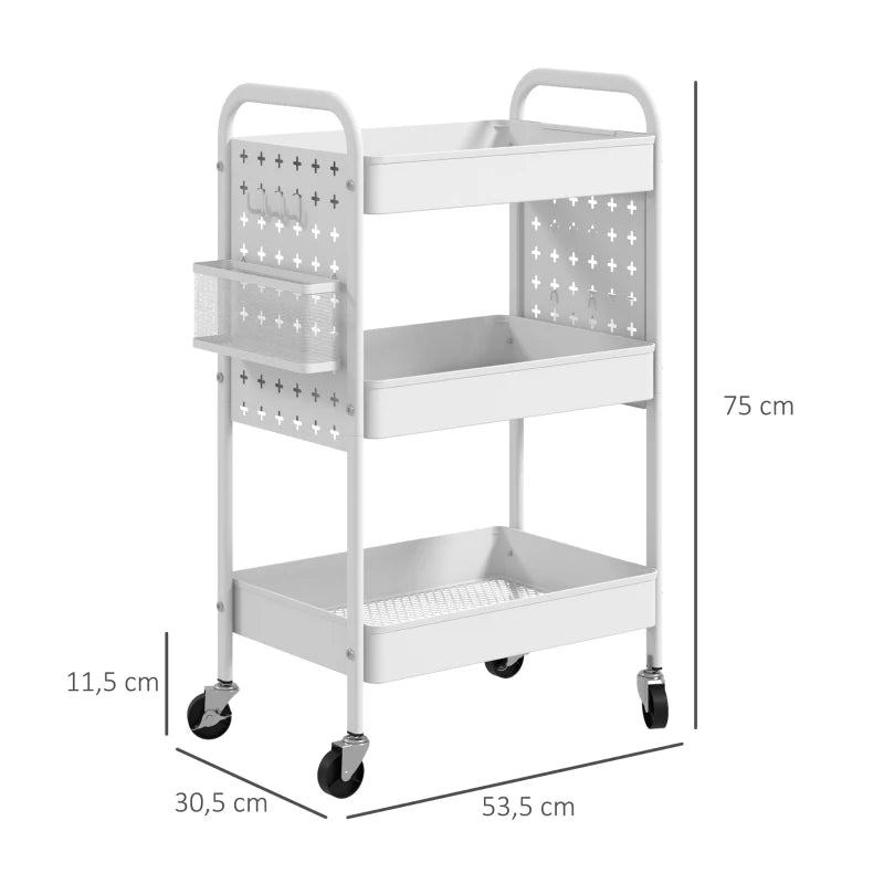 HOMCOM Carrinho Auxiliar com Rodas de Aço com 3 Bandejas 2 Cestos e 6 Ganchos para Cozinha Casa de Banho 53,5x30,5x75 cm Branco