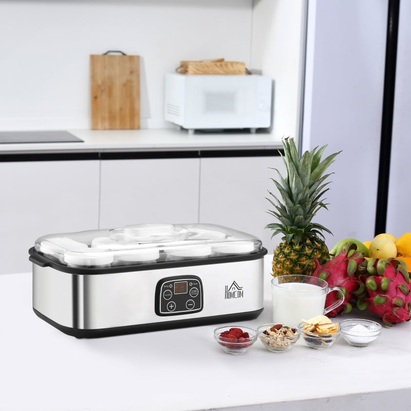 HOMCOM Iogurteira 30W Volume 1,44L com 8 Frascos de Cristal de 180ml Termostato Ajustável Temporizador de 1-48 Horas e Desligado Automático 36x18,8x14cm Prata