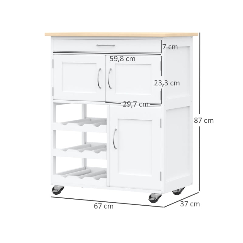 HOMCOM Carrinho de Cozinha com Rodas Carrinho de Cozinha com Gaveta 2 Armários de Armazenamento Sala de Jantar 67x37x87cm Branco