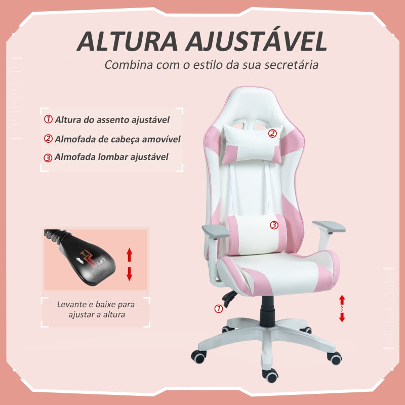 HOMCOM Cadeira Gaming Reclinável com Almofada Lombar Apoio de Cabeça Basculante e Altura Ajustável 67x60x120-128 cm Branco e Rosa