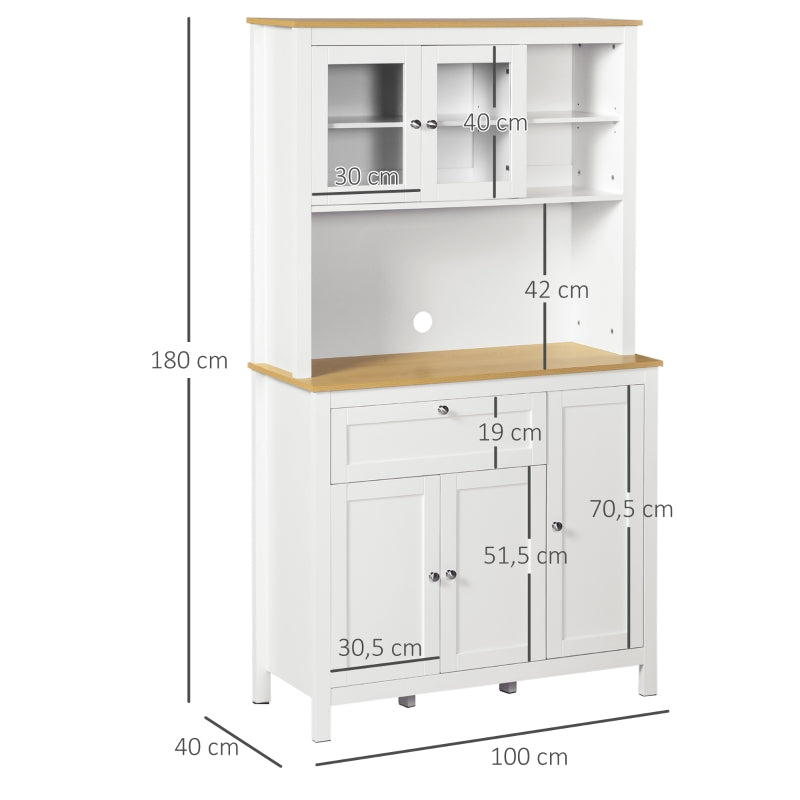 HOMCOM Armário de Cozinha com 5 Portas Prateleiras Ajustáveis Gaveta e Bancada para Micro-Ondas 100x40x180 cm Branco e Madeira