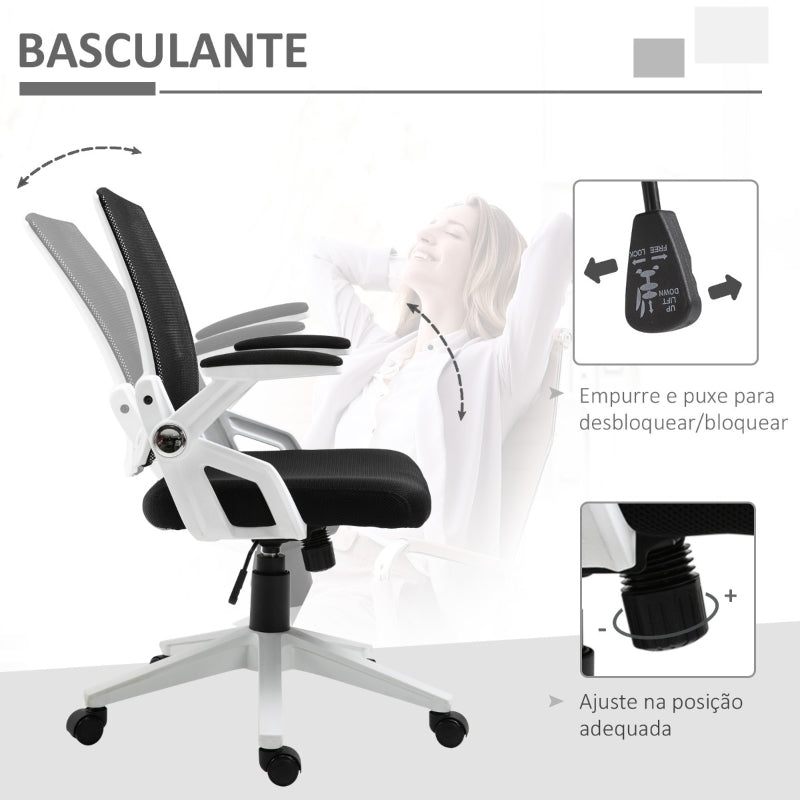 Vinsetto Cadeira de Escritório Ergonômica Basculante com Altura Ajustável Apoio para o Braço Dobrável Suporte Lombar e Malha Transpirável 61x61x94-104cm Preto